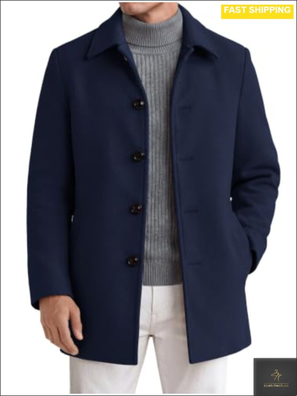 Mens Slim Fit Faux Wool Blend Pea Coat Mid Length Winter Overcoat